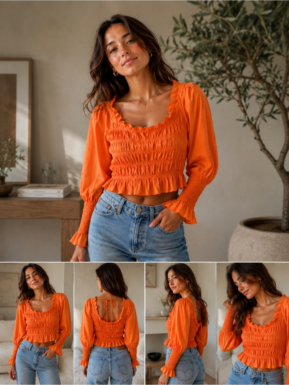 Miss Selfie Neon Orange Smocked Ruffle Crop Top | NWT | Size Medium